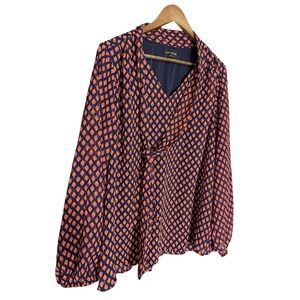 Lane Bryant Blue Pink Orange Long Sleeve Split Neck Top 18 20 18/20 Soft